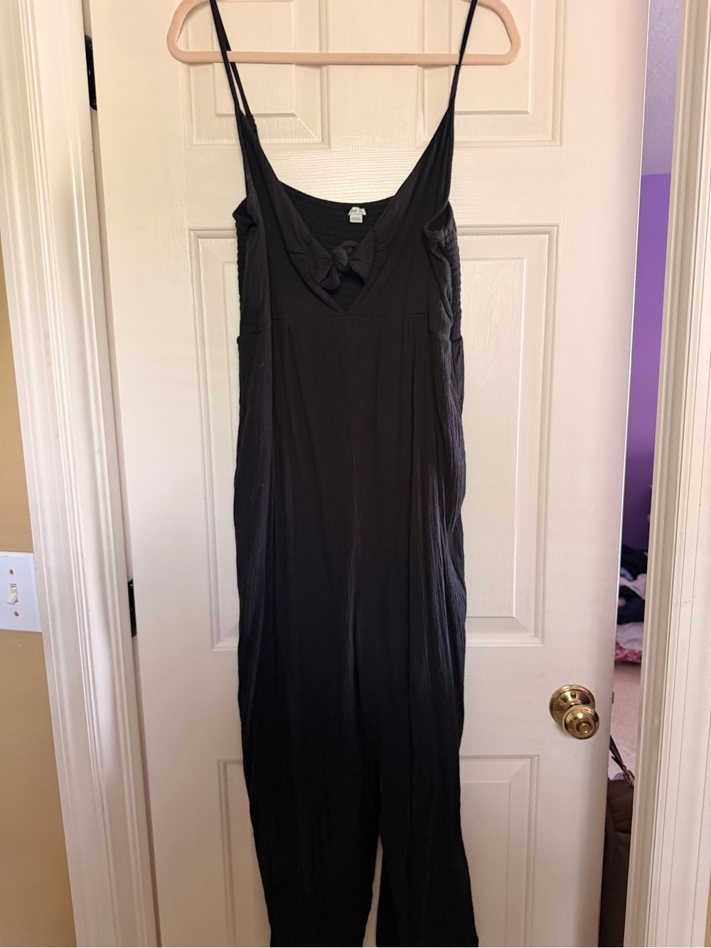 aerie Black Spaghetti-Strap V-Neck Jumpsuit with Front Knot